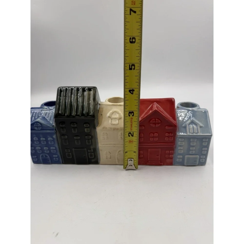 NWT Re White Blue Ceramic Candle Holder Row of Houses 9